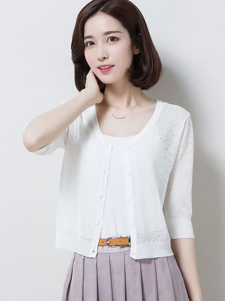 K1195 Knitted cardigan women's thin round neck hollow sun protection air conditioning shirt mulberry silk top summer