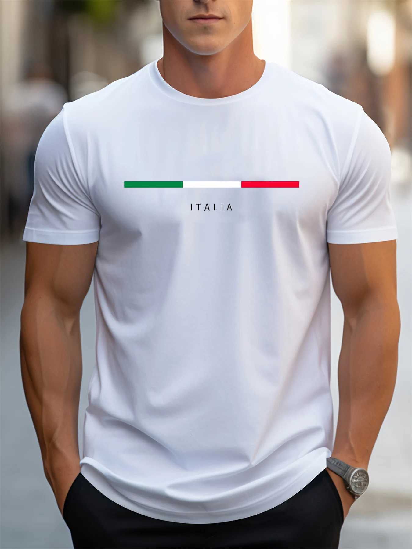 Mens Summer 100% Cotton Fashionable Casual Loose Plus Size ITALIA Pattern Printed Sports Round Neck Short Sleeve T-shirt Top z250701PA47