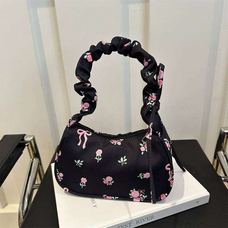 Women's Underarm Summer Canvas Pleated Handlebags Armpit Purse FloralBow Printed Zipper Tote Handbag Female Y2k Shoulder Bag