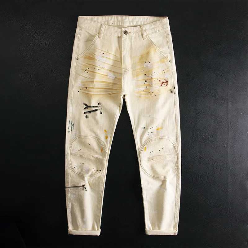 Graffiti Splashed Ink Patchwork Jeans Mens Beige High Street Cool Casual Fashion Elastic Zipper Slim Fit Small Leg Pants W250701 W250701