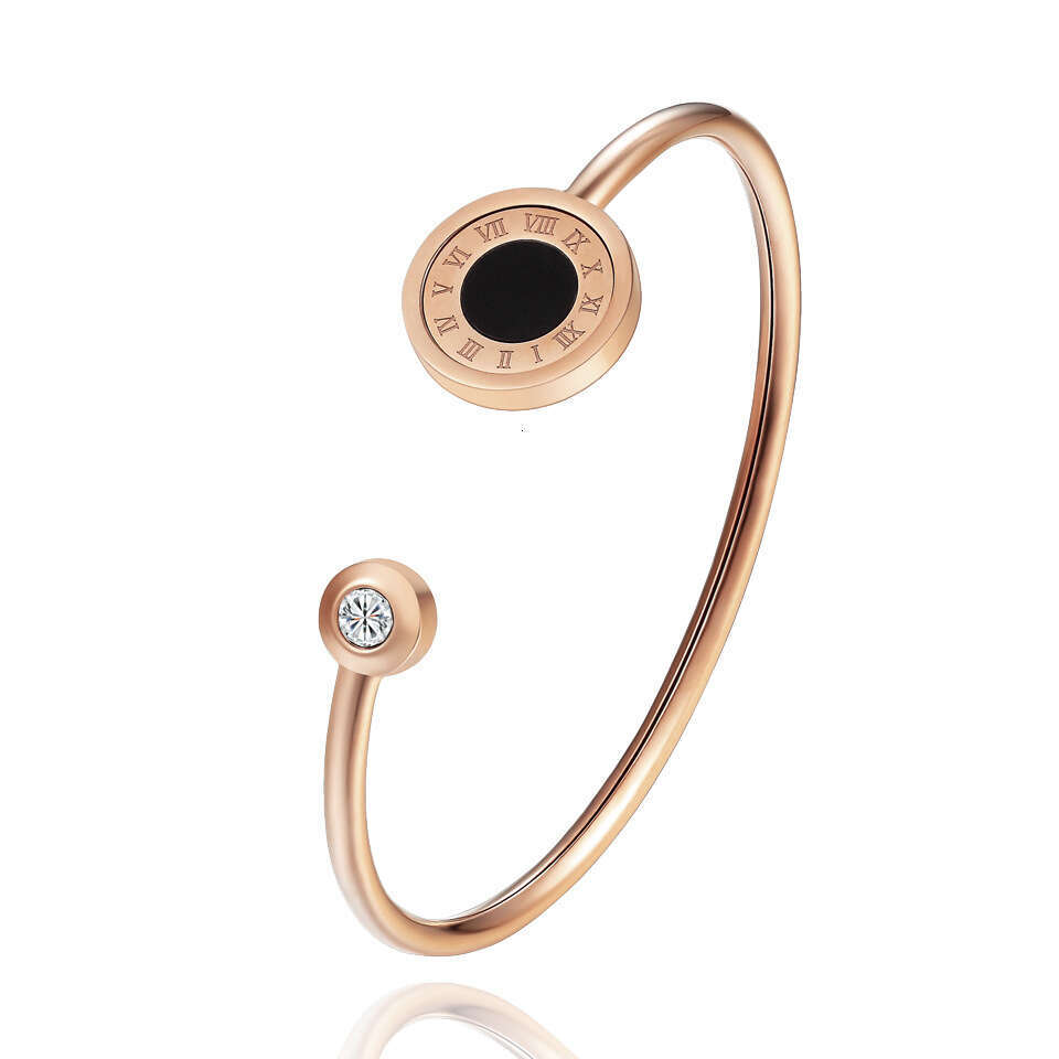 DHcollections Hot Selling Roman Numerals Inlaid Agate Shell Rotatable Stainless Bracelet for Women Rose Gold Titanium Steel Bangle