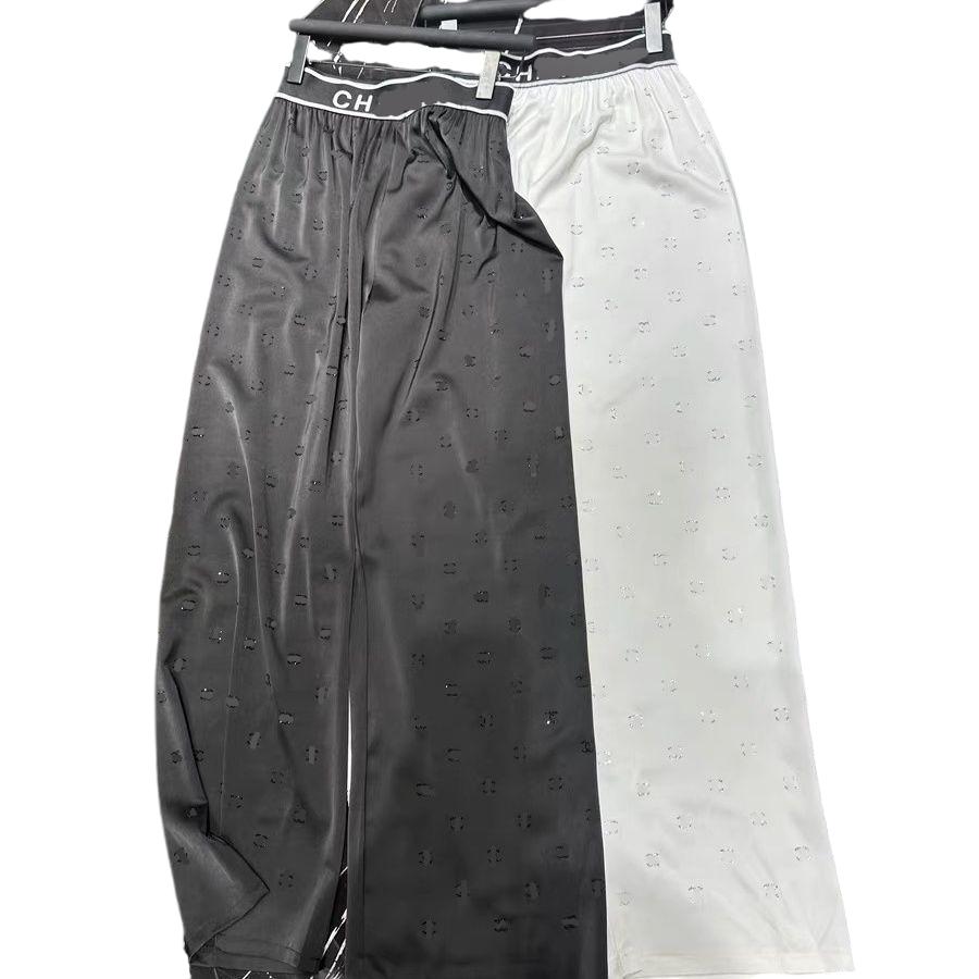 New designer women summer cool touch logo letter print elastic band high waist loose wide leg satin fabric rhinestone shinny bling long pants SMLXL