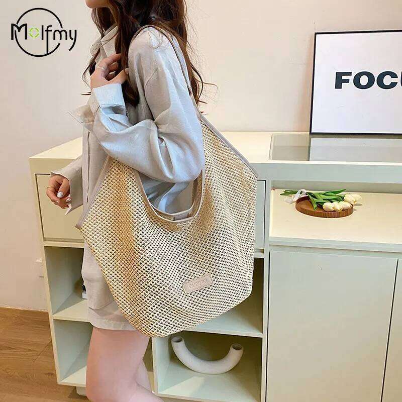 Woven Straw Shoulder Bag Summer Designer Bags Hollow Out Fashion Beach Bucket Handbag Bolso Marca Lujo 2025