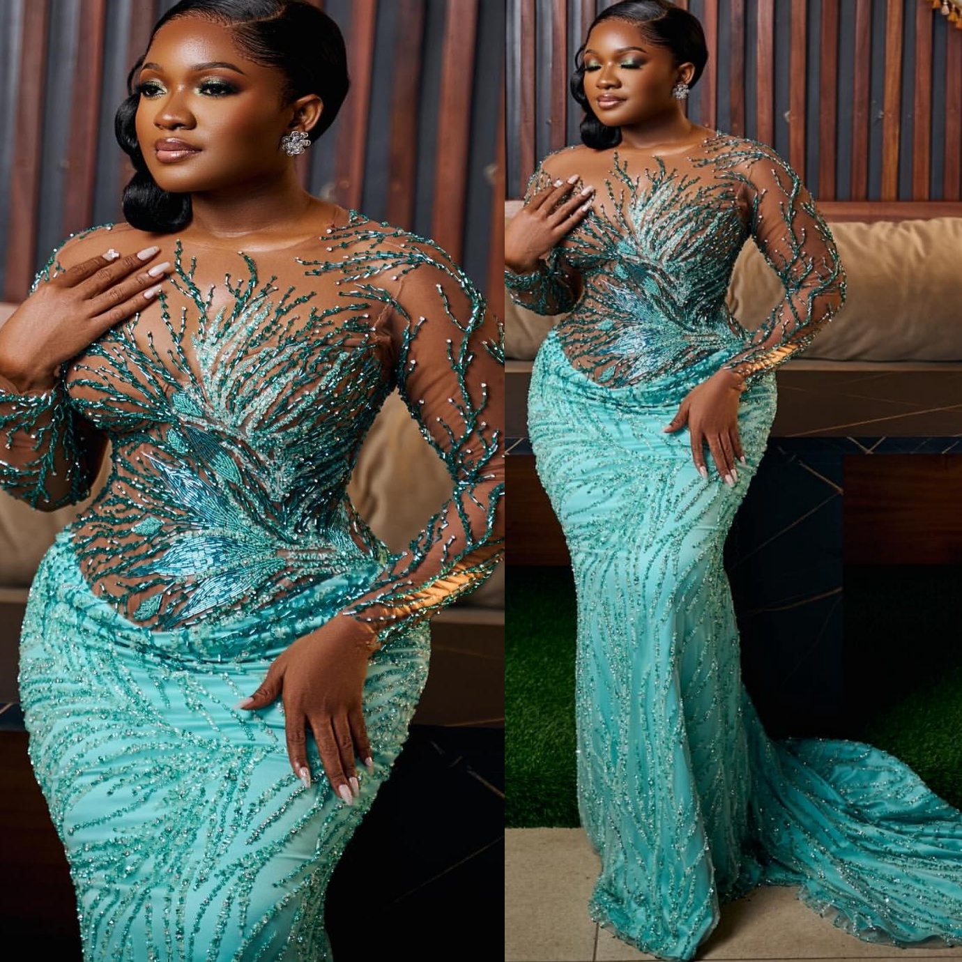 Mermaid Sky Blue Prom Dresses 2025 Beaded Lace Illusion Sparkly Evening Formal Party Second Birthday Engagement Gowns Plus Size Dress For Special Occa