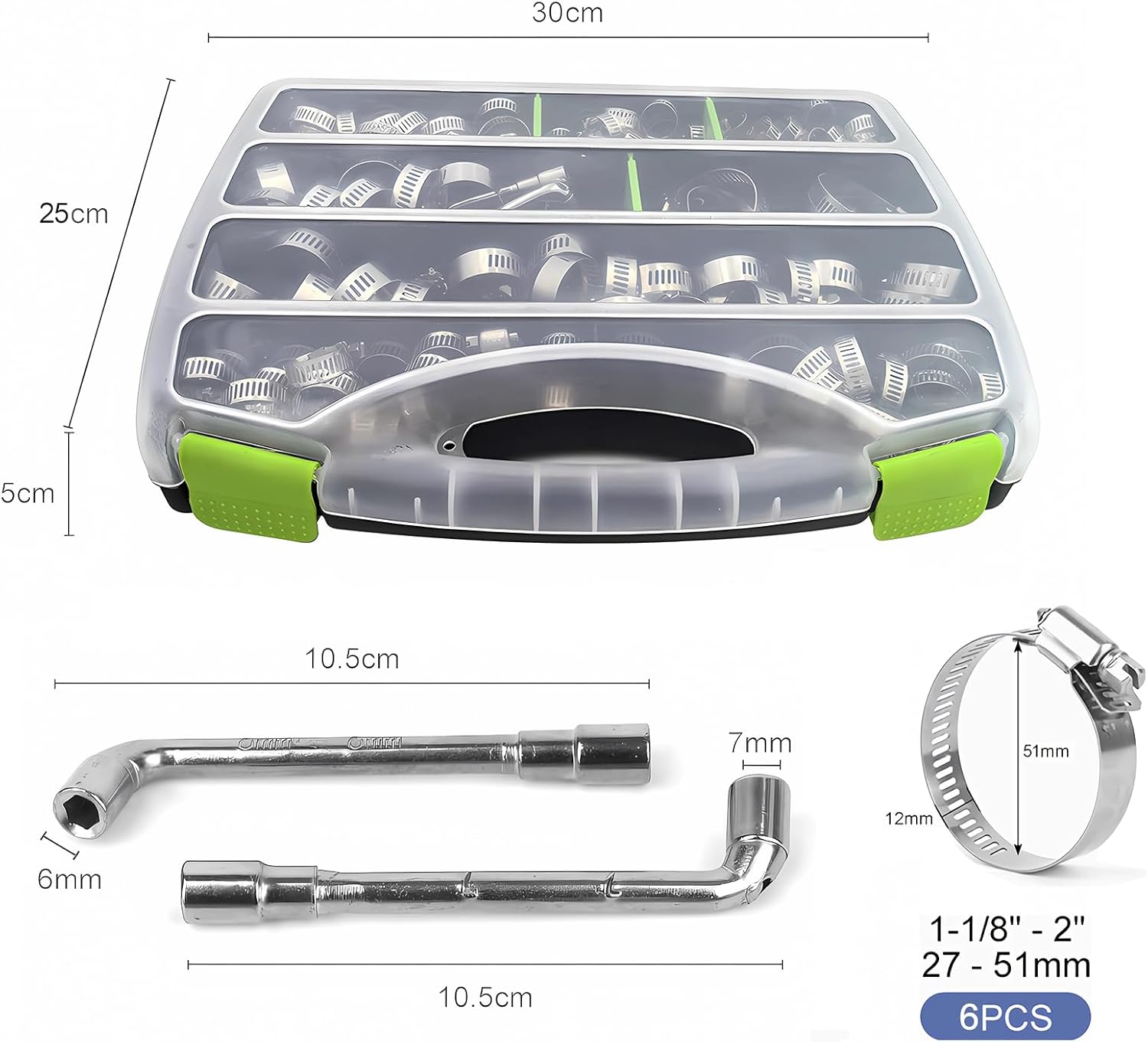 Hose Clamps 185PCS Assortment Kit, 304 Stainless Steel, Radiator Hose Clamps, Multi-size Adjustable Range 1/4-2in(6-51mm) with 2pcs Socket Wrench for 