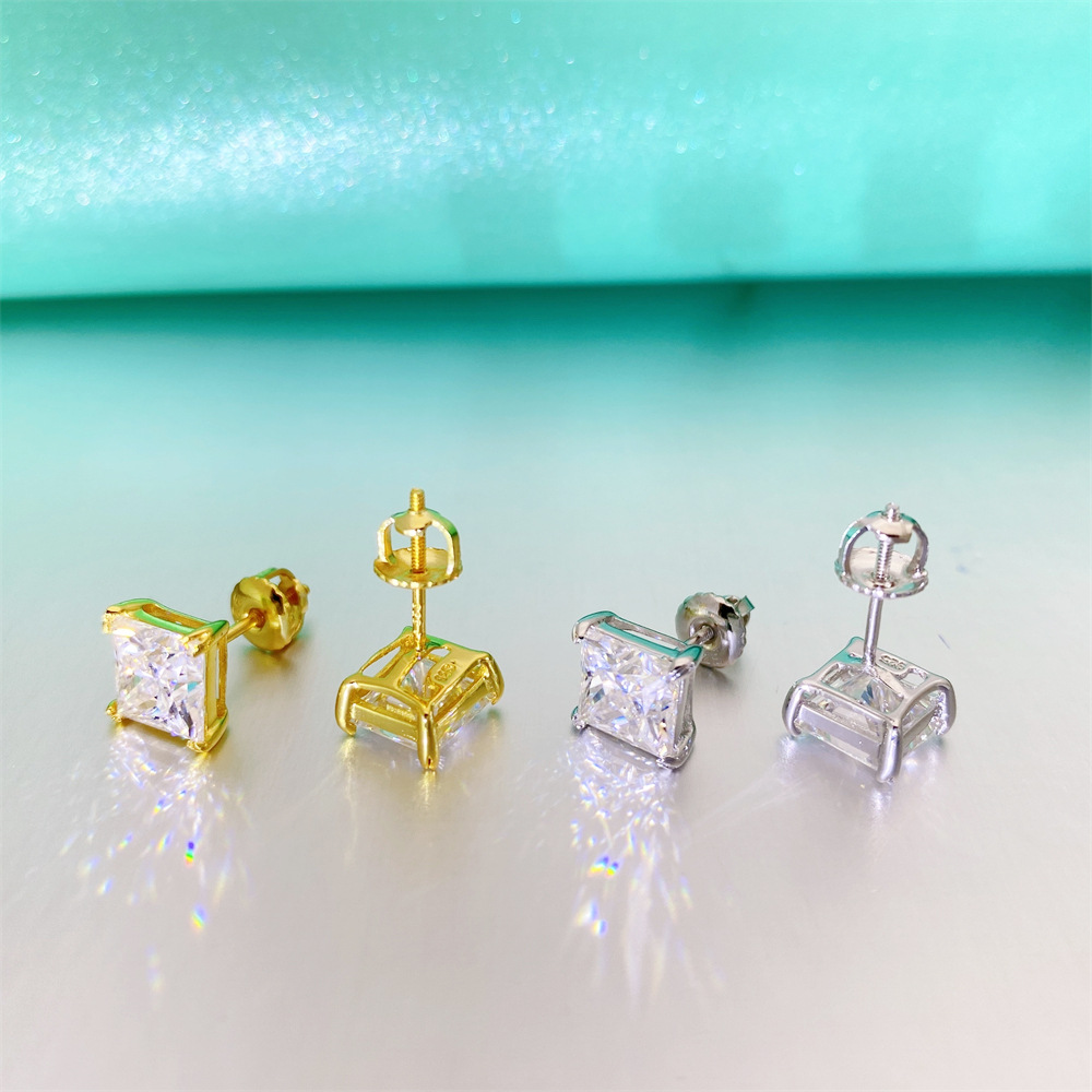 New Arrival Unisex VVS Princess Cut Moissanite 925 Sterling Silver Hip Hop Stud Earrings
