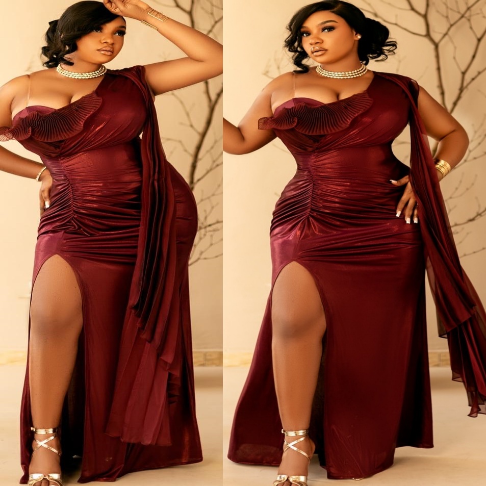 Sheath Burgundy Prom Dresses 2025 One Shoulder High Split Sequined Evening Formal Party Second Birthday Engagement Gowns Plus Size Dress For Special O