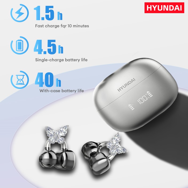DHgargets HYUNDAI Clipbuds7 Butterfly Earrings Ear Clip - LED Display, Bluetooth 5.4, Dual-Mic Noise Reduction, Sports Earbuds with Smart Features