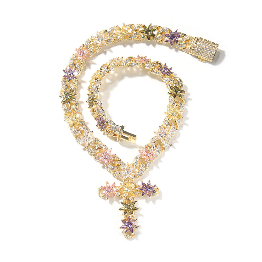 Luxury Jewelry High Quality Fashion Colorful Ice Flower Cross Necklace Men Women High End Iced Out Designer Infinity Chain Accessory Pass the diamond 