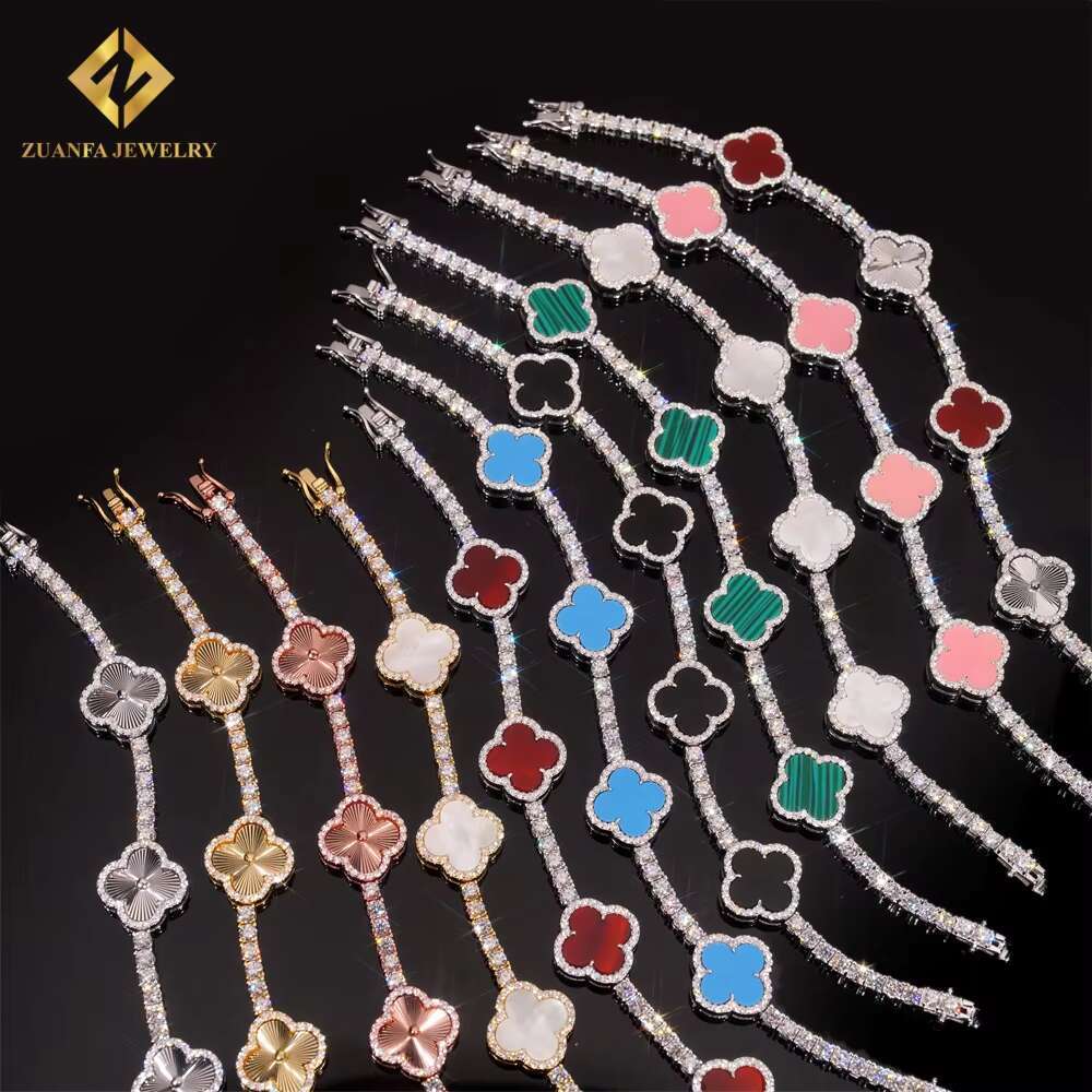 Hot Sale Multi Color Lucky Four Leaf Clover Chains 925 Silver Jewelry Iced Out 3mm VVS Moissanite Diamond Tennis Chain Bracelet