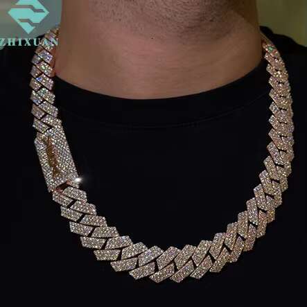 Rose God Plated Diamond Necklace 20mm 4Rows Mossanite Miami Chains S925 Silver Iced Out VVS Moissanite Cuban Link Chain