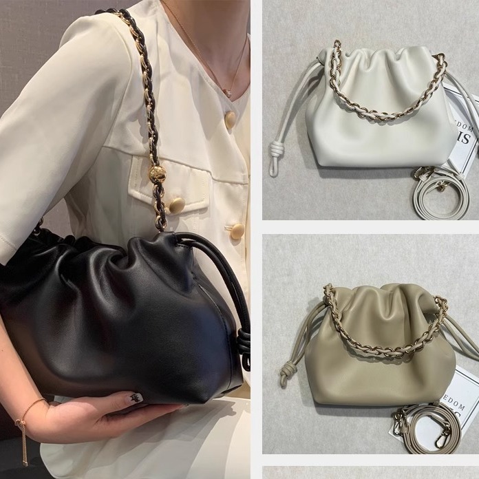 Women's Drawstring Cloud Blessing Hobos Genuine Leather One Shoulder Crossbody Casual Bucket Bag