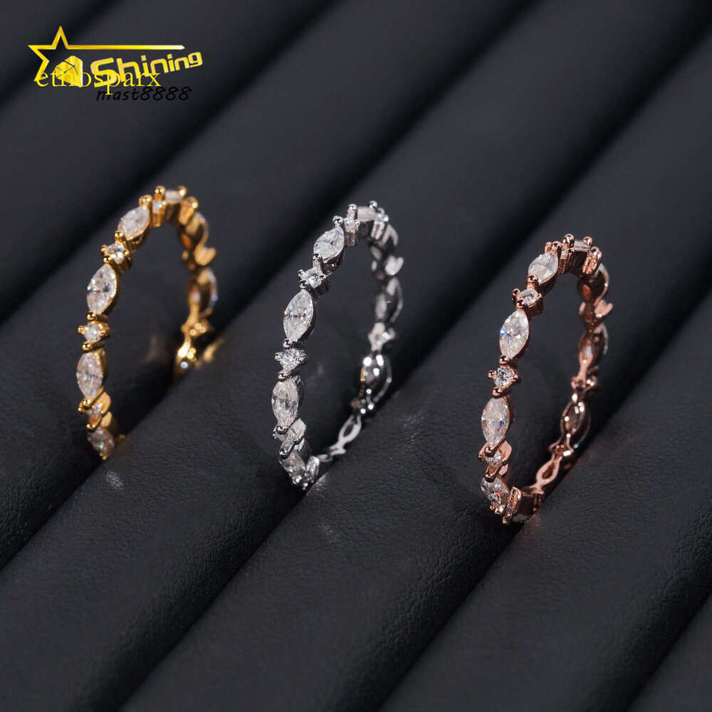 Simple Designs Marquise Cut Bezel Band VVS Moissanite Engagement Ring Gold Plated Sterling Sier Wedding Rings