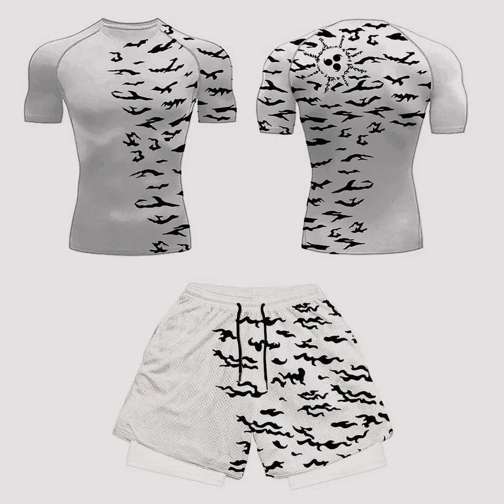 Anime Compression Set Running Suit for Men Quick Dry Compression Shirt+Gym Shorts 2PCS Summer Workout Sportswear X250701