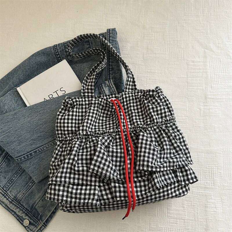 Women's Tote Bag Ruffles Plaid Drawstring Handbag Women Fashion Canvas Shoulder BagsLarge Capacity Korean Bags Bolsos De Mujer