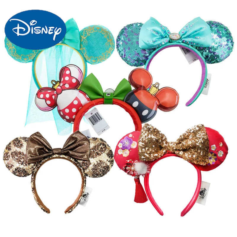 Disney Princess Mickey Minnie Mouse Ear Headband For Child Disneyland Mickey Adult/Women Mermaid Leather Plush Sequin Cosplay W250701