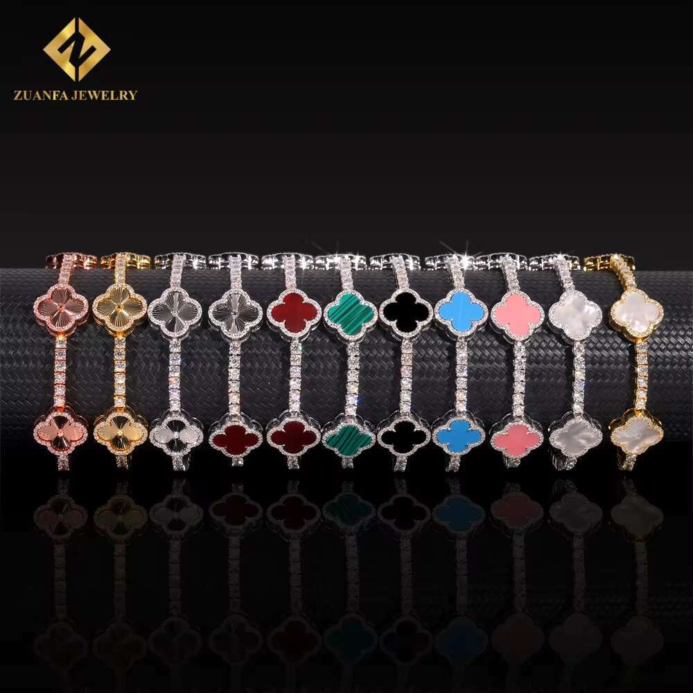 Hot Sale Multi Color Lucky Four Leaf Clover Chains 925 Silver Jewelry Iced Out 3mm VVS Moissanite Diamond Tennis Chain Bracelet