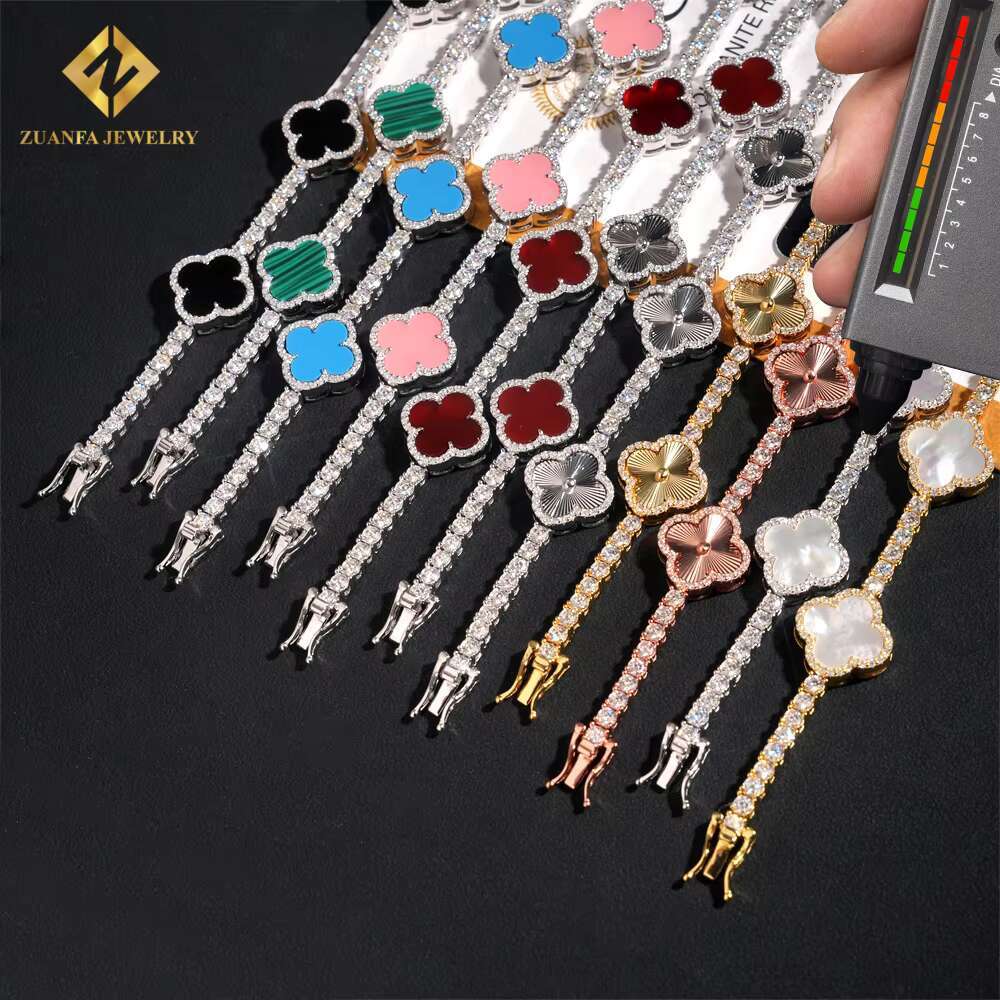 Hot Sale Multi Color Lucky Four Leaf Clover Chains 925 Silver Jewelry Iced Out 3mm VVS Moissanite Diamond Tennis Chain Bracelet