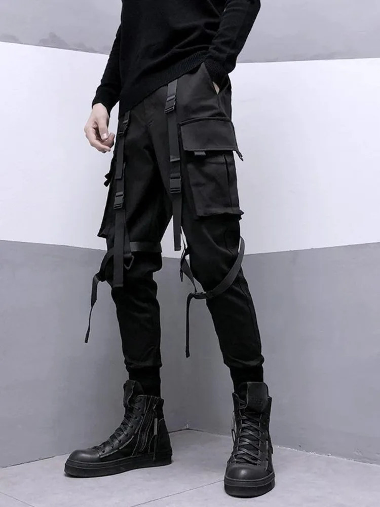 Fashion Darkwear Safari Style Webbing Spliced Boy Cargo Pants Men High Street Streetwear Elastic Waist Slim Tactical Techwear 250701