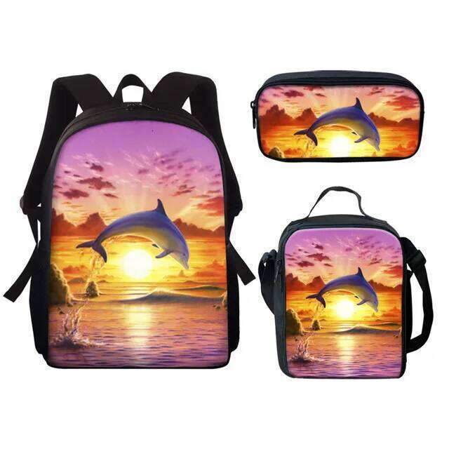Fashion Novelty Cool Dolphin 3D Print 3pcs/Set pupil School Bags Laptop Daypack Backpack Lunch bag Pencil Case