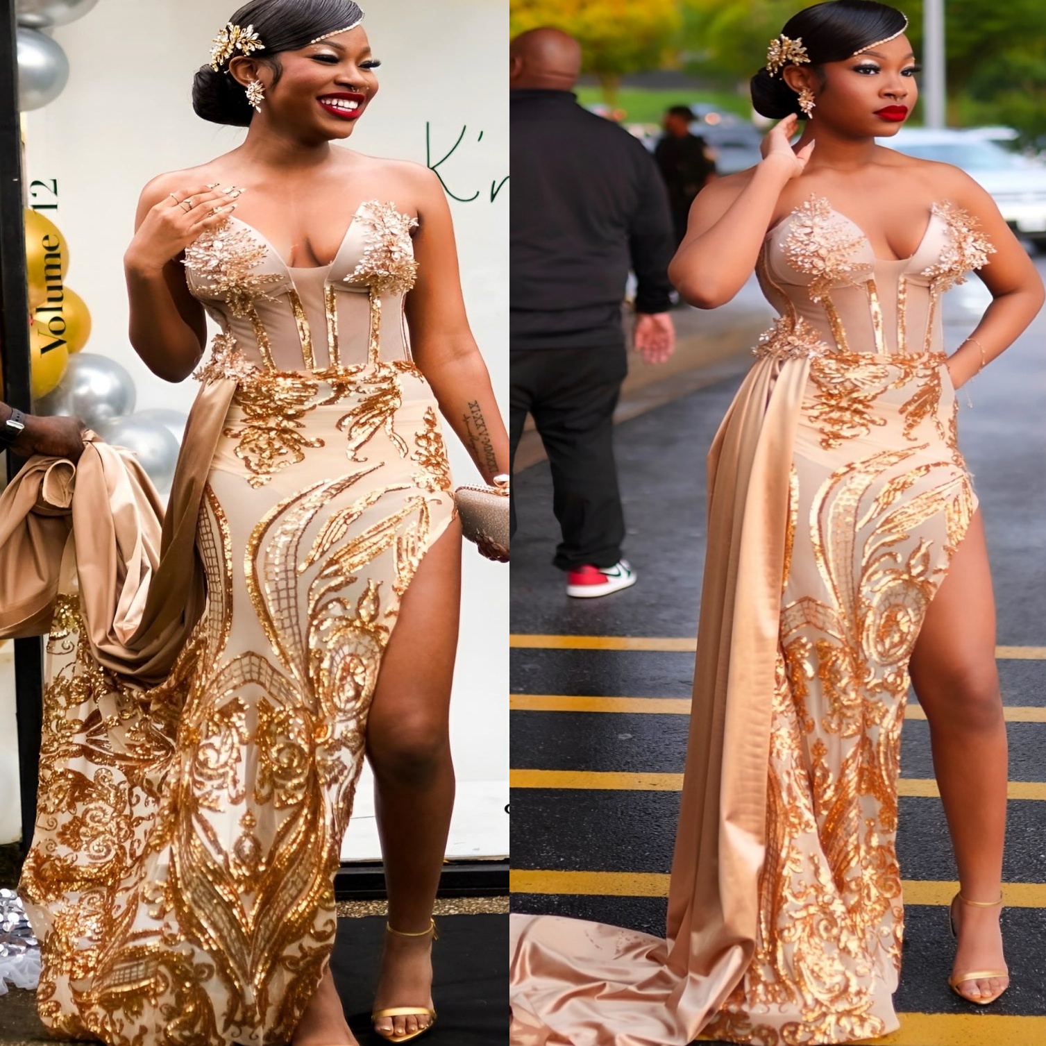 Sheath Gold Prom Dresses 2025 Crystals High Split Sequined Satin Evening Formal Party Second Birthday Engagement Gowns Plus Size Dress For Special Occ