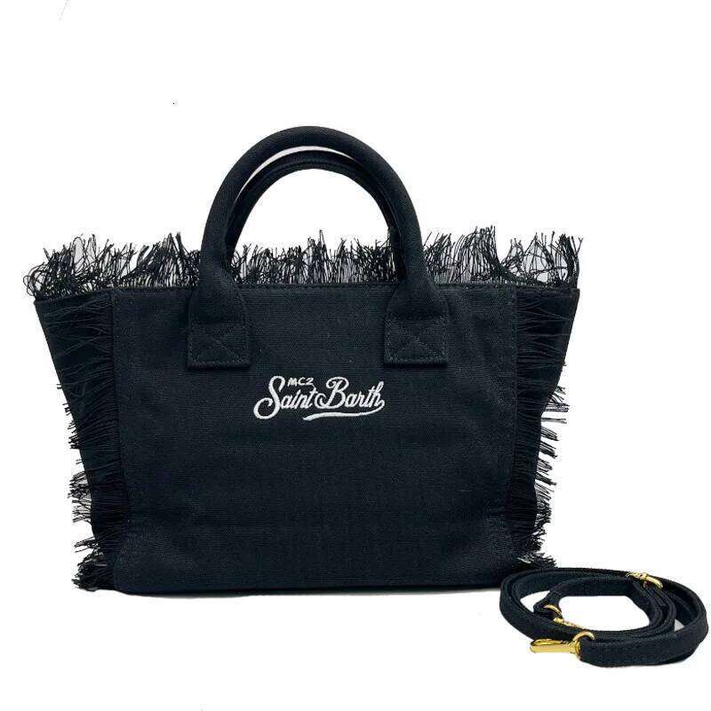 Saint Barth European And American New Fashion Tassel Embroidery White Large Capacity Black Beach Tote Bag Handbag