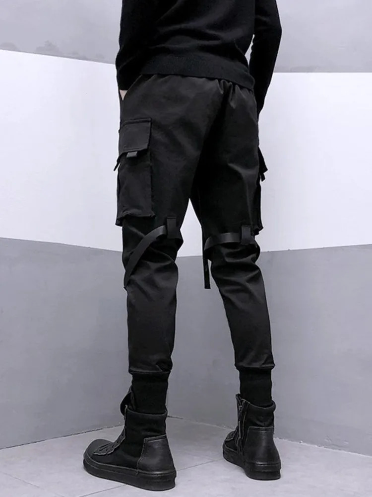 Fashion Darkwear Safari Style Webbing Spliced Boy Cargo Pants Men High Street Streetwear Elastic Waist Slim Tactical Techwear 250701