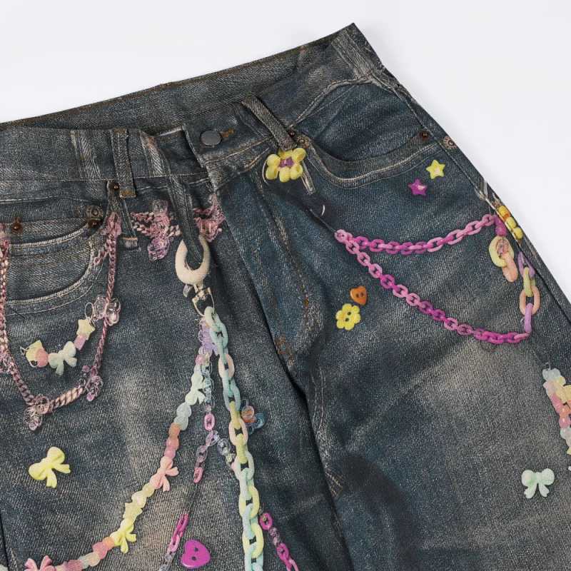 LKC060 Early autumn AC home digital candy printed bead canvas jeans mens trendy brand loose wide leg straight leg pants W250701 W250701