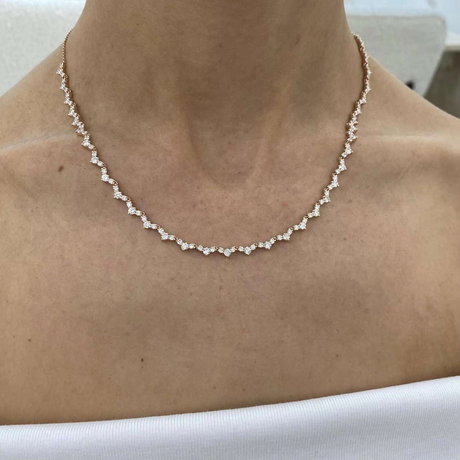 Rose Gold Plated Chain Necklace Round Cut Moissanite Diamond Tennis Necklace Diamond Jewelry Gift for Anniversary