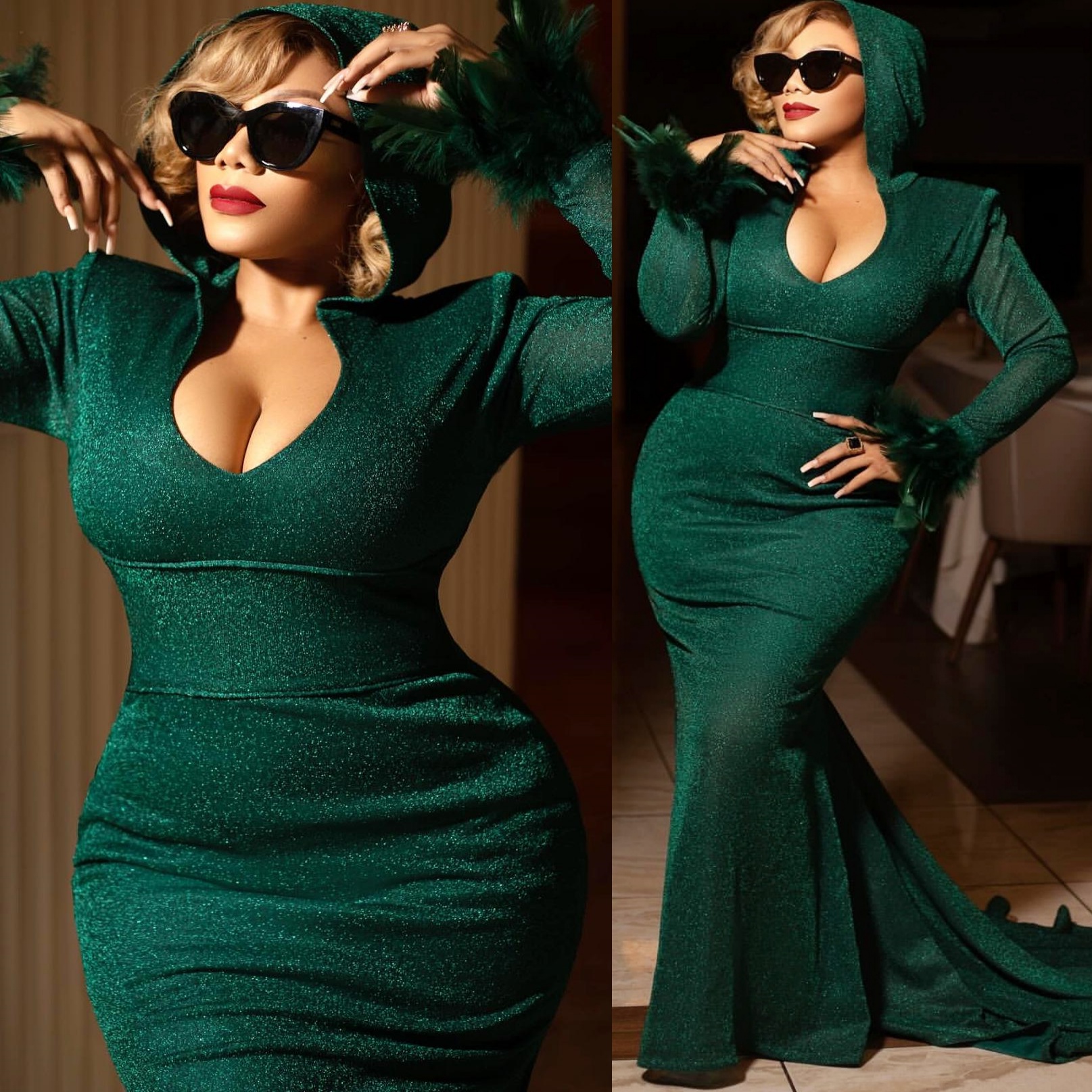 Mermaid Dark Green Prom Dresses 2025 Feather Sequined Full Sleeves Evening Formal Party Second Birthday Engagement Gowns Plus Size Dress For Special O