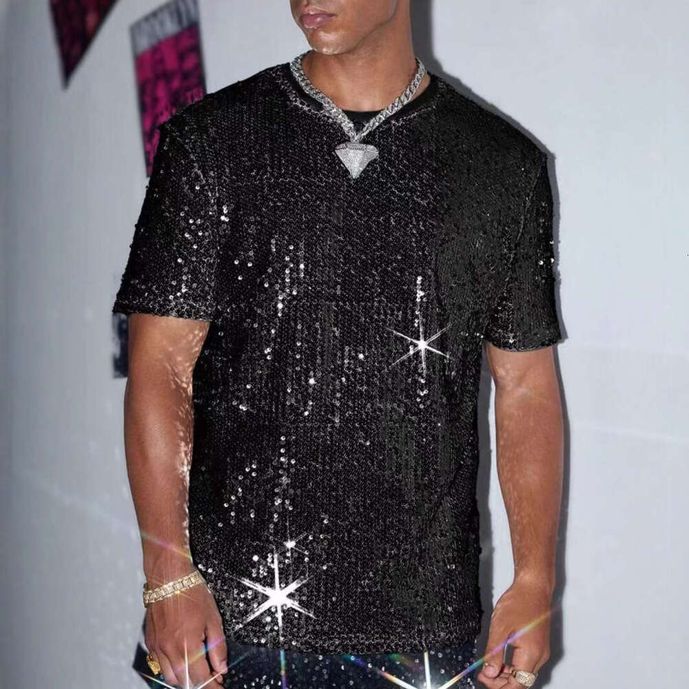 Cross-Border Summer New Sequin Short men dress shirt up shirts Sleeve T-Shirt Men's European And American Performance Costume Shiny Singer Outfit
