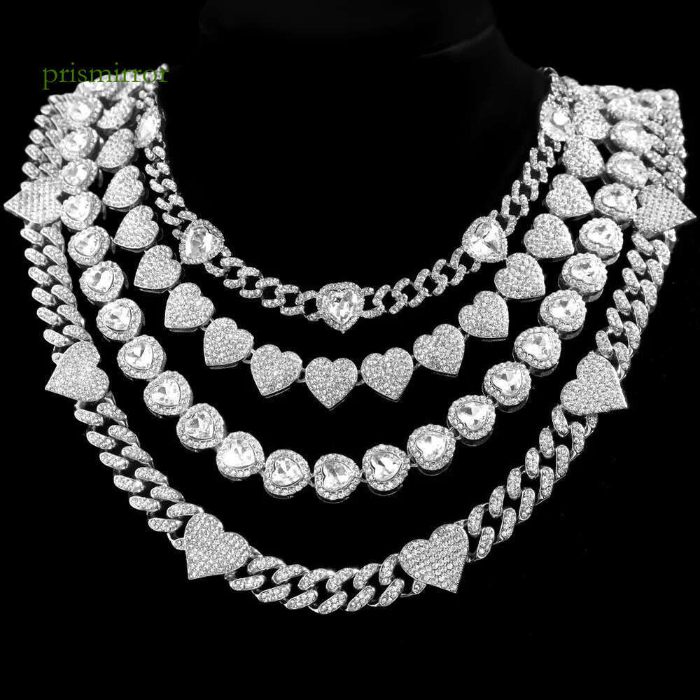 Iced Out Hip Hop Heart Cuban Link Chain Womens Micro Water Dia Paving Necklace Set Fashion Jewelry High Quality 240927