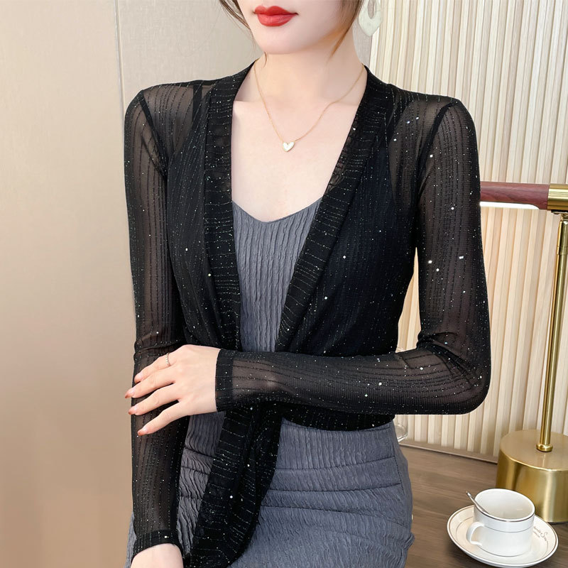 K1191 Summer mesh cardigan thin 2025 short versatile long-sleeved outer wear suspender dress cover jacket air-conditioning shirt