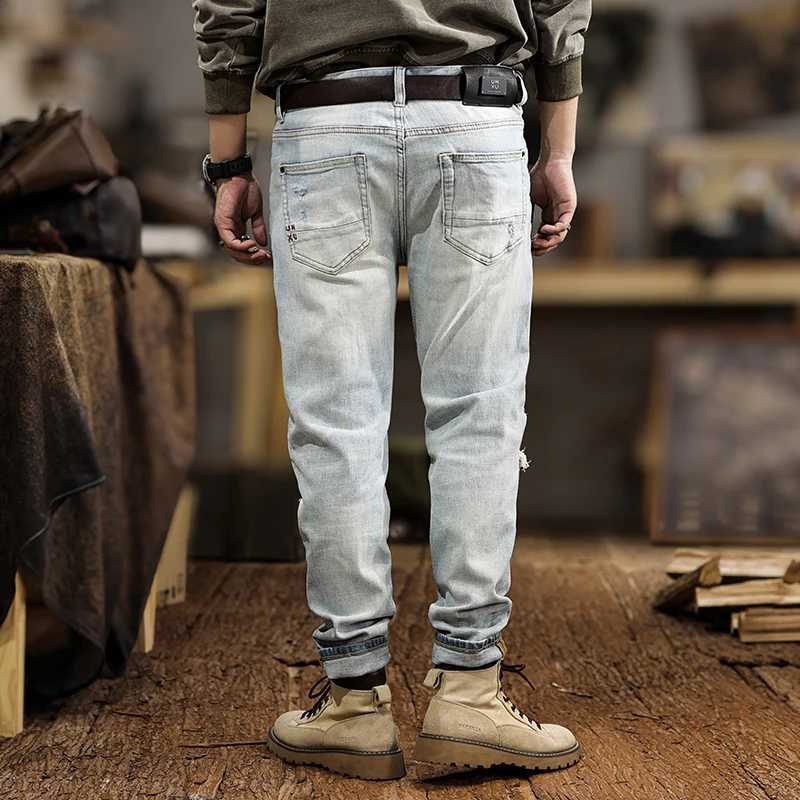 Jns28 American Tide Light-Colored Broken Hole Jeans Mens New Slim Small Leg Trousers Elastic Grinding White Trousers High-End W250701 W250701