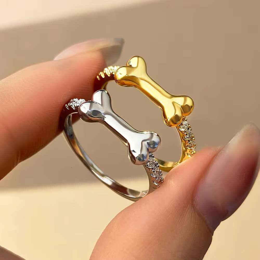 TIKTOK Animal Cute Dog Bone Pets 925 Sterling Silver Ring Hot Selling Vintage Rhodium 14K Gold Plated Zircon Bands