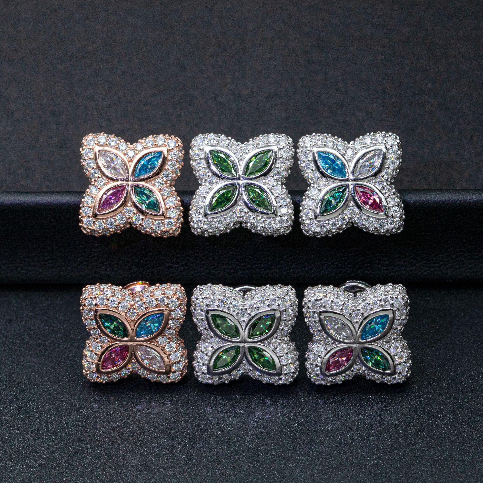 New Arrivals Flower Design Jewelry 925 Sterling Silver Colorful Moissanite Diamond Stud Earring Hip Hop Iced Out Earring 15mm Wide
