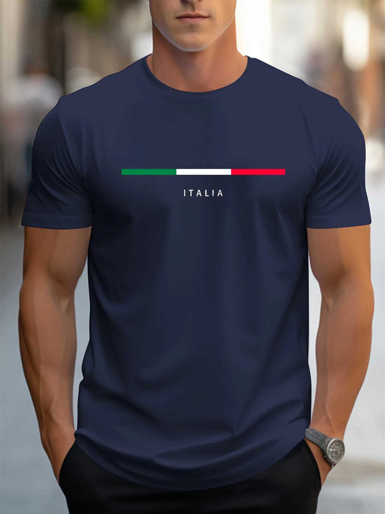 Mens Summer 100% Cotton Fashionable Casual Loose Plus Size ITALIA Pattern Printed Sports Round Neck Short Sleeve T-shirt Top z250701PA47
