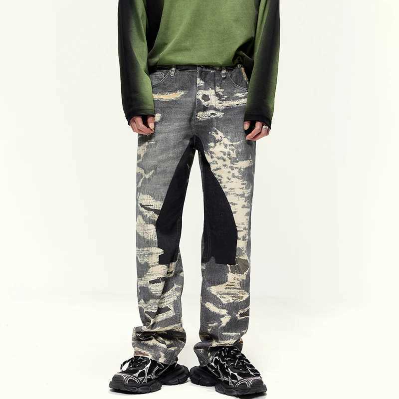 JK965 American heavy denim jeans mens tide loose street wide-leg retro splicing hip-hop straight tube W250701 W250701