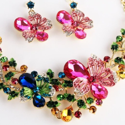 European and American rose flower colorful rhinestone glass jewelry set jewelry necklace colored handmade earrings fashion women's party wedding 
