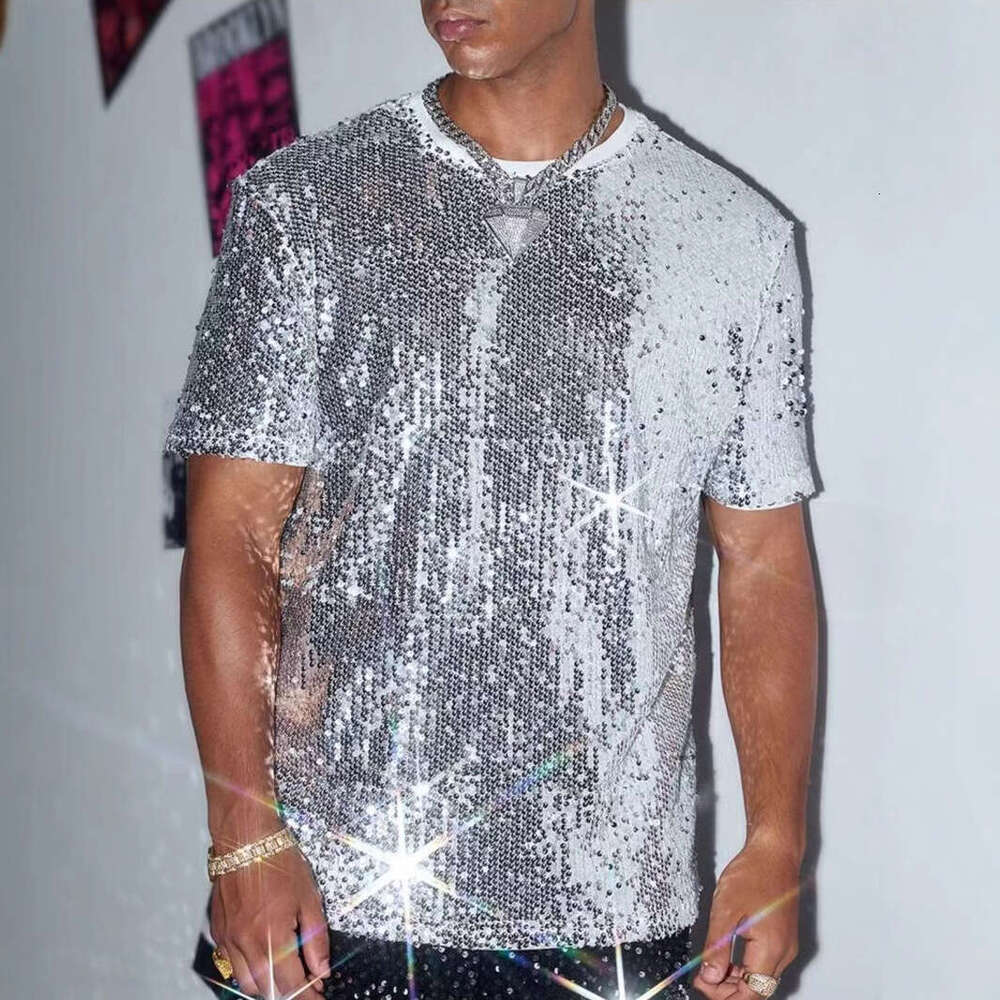 Cross-Border Summer New Sequin Short men dress shirt up shirts Sleeve T-Shirt Men's European And American Performance Costume Shiny Singer Outfit