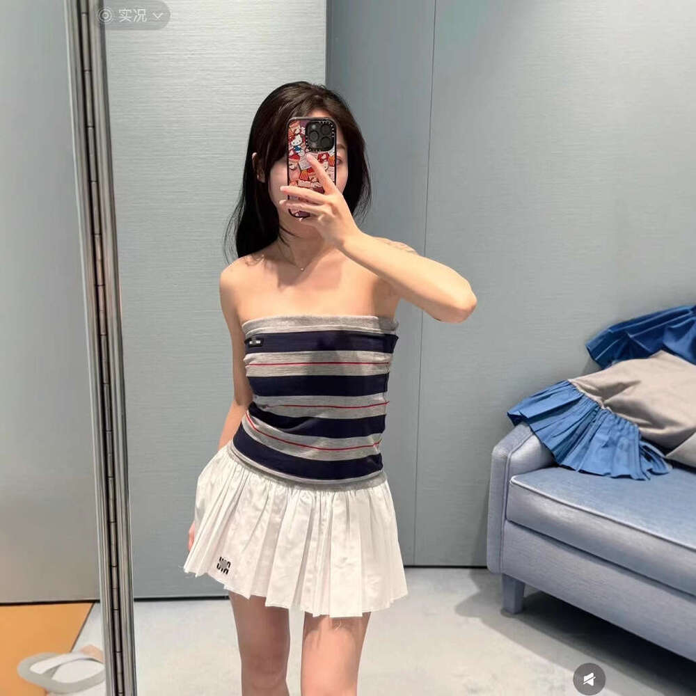 Miu Home Spring Summer New Striped Tube American Style Sexy Hot Girl Letter Patch Layered Jacquard Top For Women B5