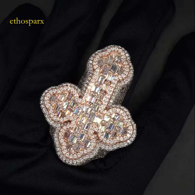Hiphop jewelry men's Buss Down Cross pure silver chilled VVS Baguette Moissanite ring