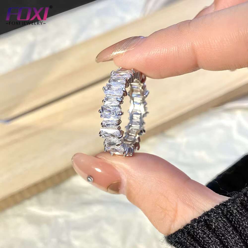 Classic Cz Baguette Eternity Band Engagement Ring 925 Sterling Silver Non Tarnish Full Iced Out Sparkle Emeral Cut Finger Ring