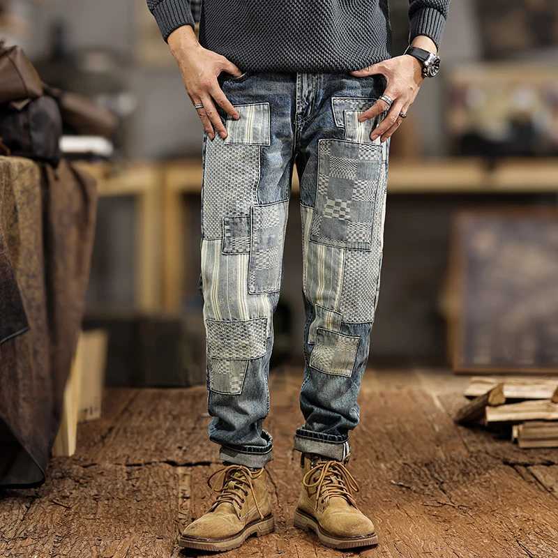 JXNH23 American Gangster splicing patch mens jeans spring tide Slim straight trousers washed vintage colour W250701 W250701