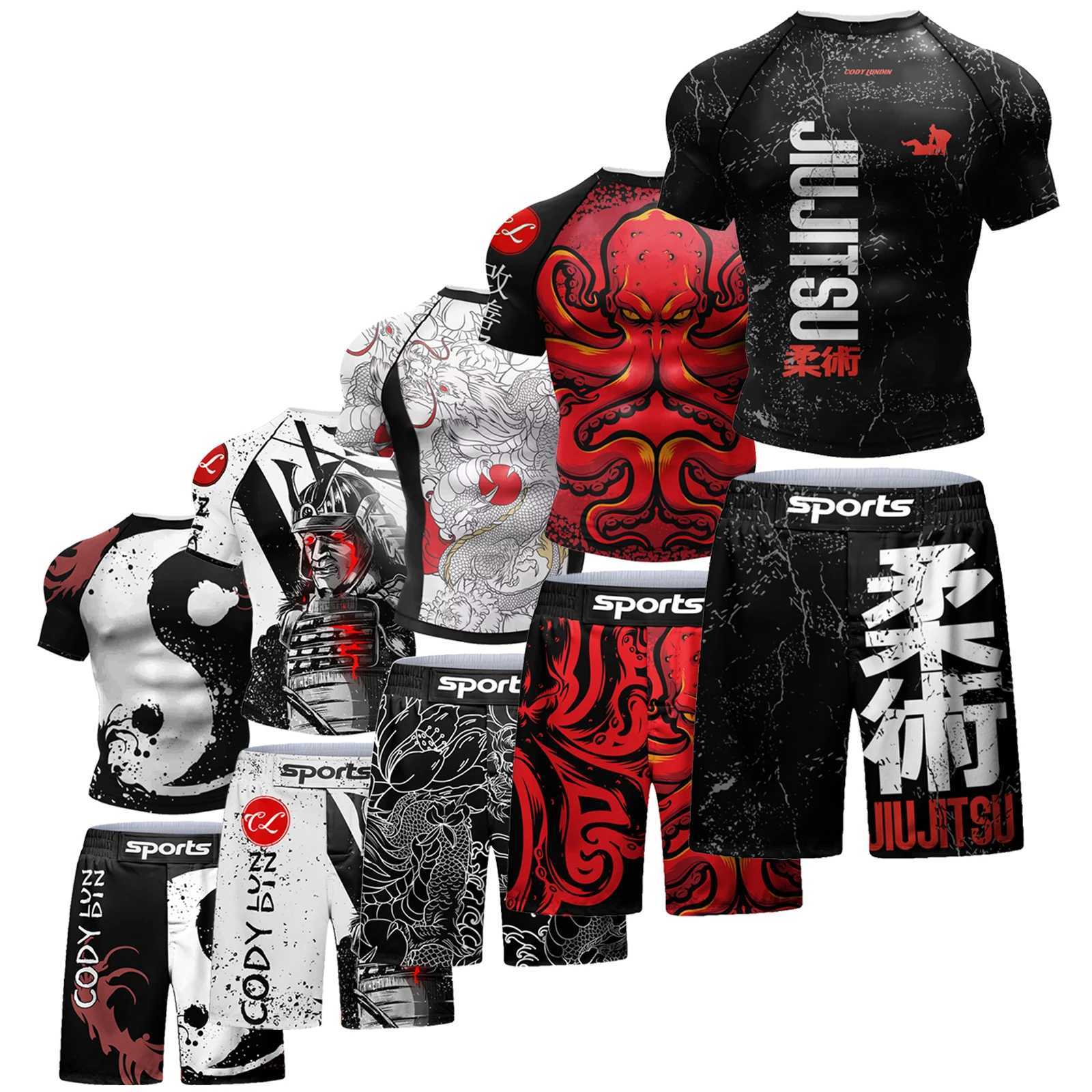 2 PCS Sports Suit BJJ Jiu jitsu gi Rashguard+MMA Shorts Muay Thai Pants Cool Boxing Grappling Wear Gym Running Clothes X250701