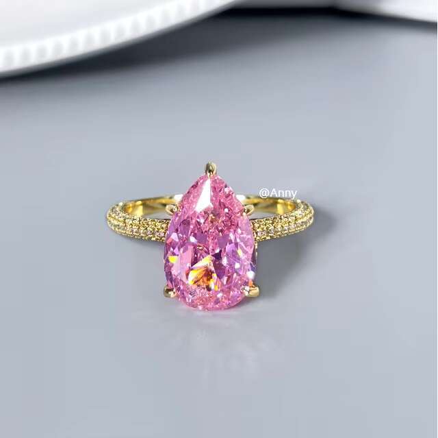 Luxury Sparking Pink Zirconia 18K Gold Plated Pear Shape Wedding Ring Ready to Ship 925 Silver Cz Pear Shape Engagement Ring