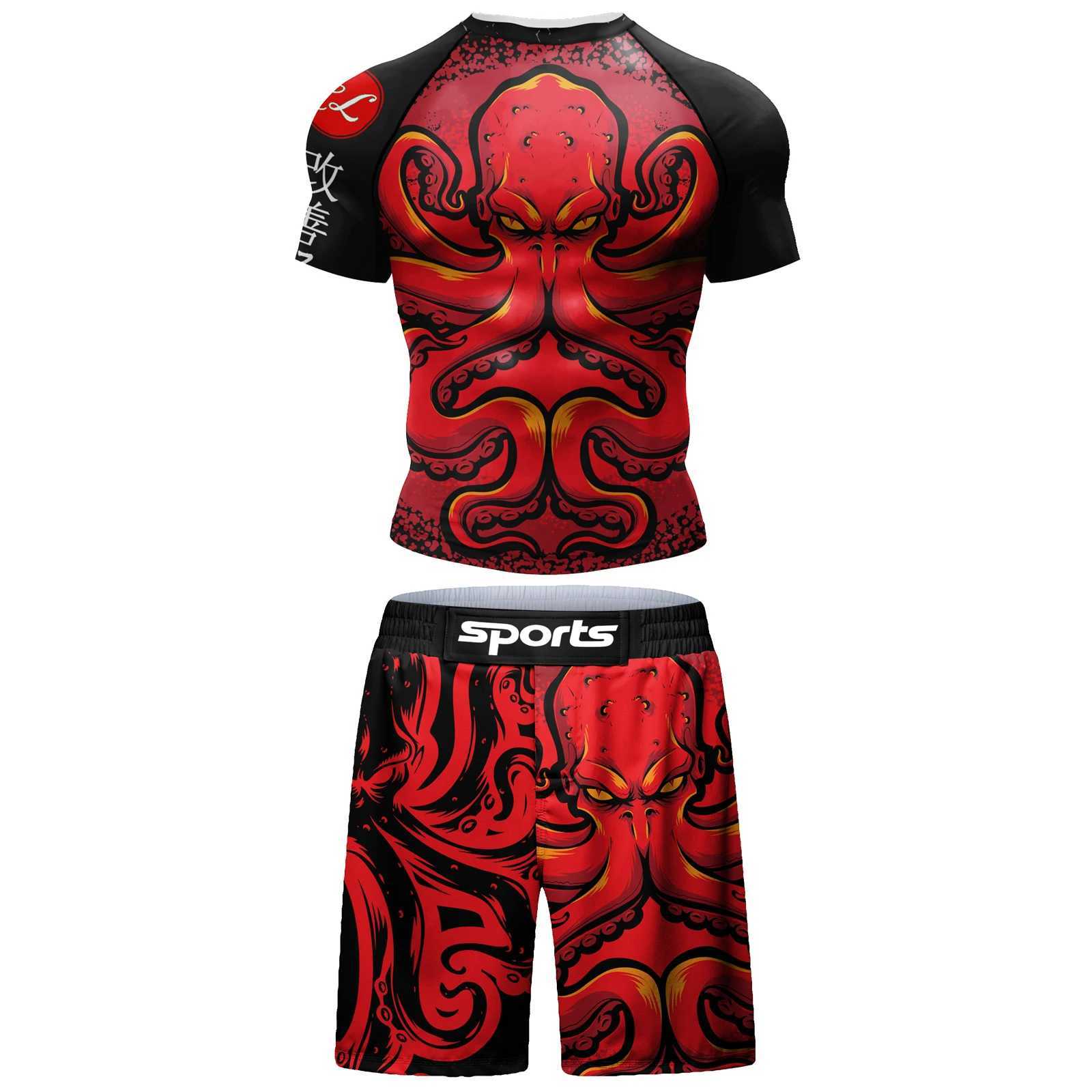 2 PCS Sports Suit BJJ Jiu jitsu gi Rashguard+MMA Shorts Muay Thai Pants Cool Boxing Grappling Wear Gym Running Clothes X250701