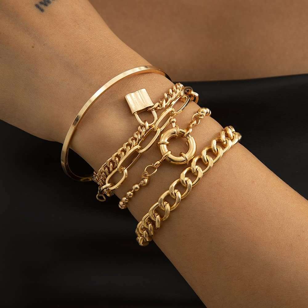 Boho 3 Fashion Dainty Gold Sier Stackable Lock Adjustable Beaded Chunky Flat Cable Chain Punk Bracelets Jewelry for Women Gift Set of 5