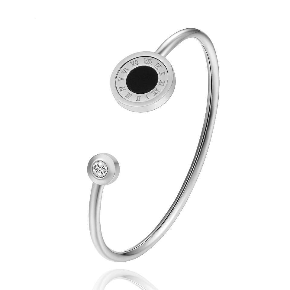 DHcollections Hot Selling Roman Numerals Inlaid Agate Shell Rotatable Stainless Bracelet for Women Rose Gold Titanium Steel Bangle