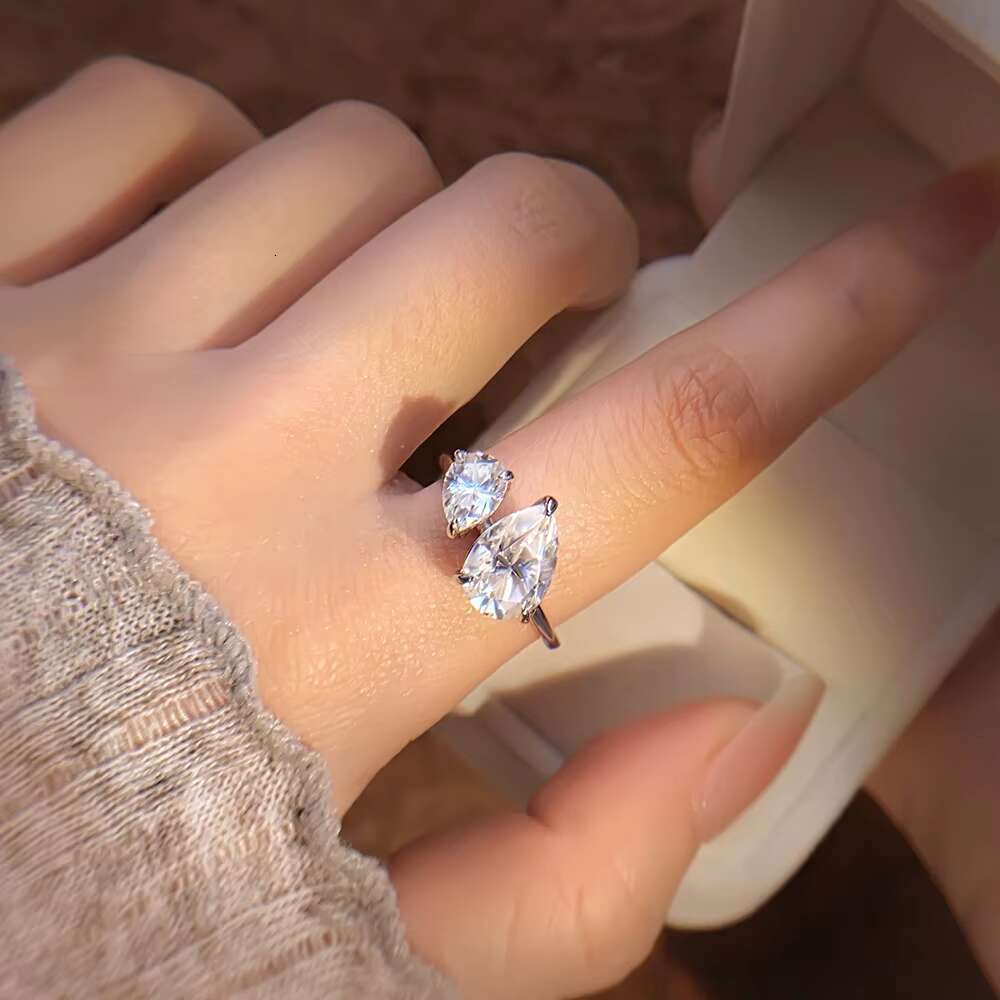 Elegant Womens 925 Sterling Silver Teardrop Moissanite Ring Rhodium Plated Wedding Band for Engagement Party Promise Jewelry